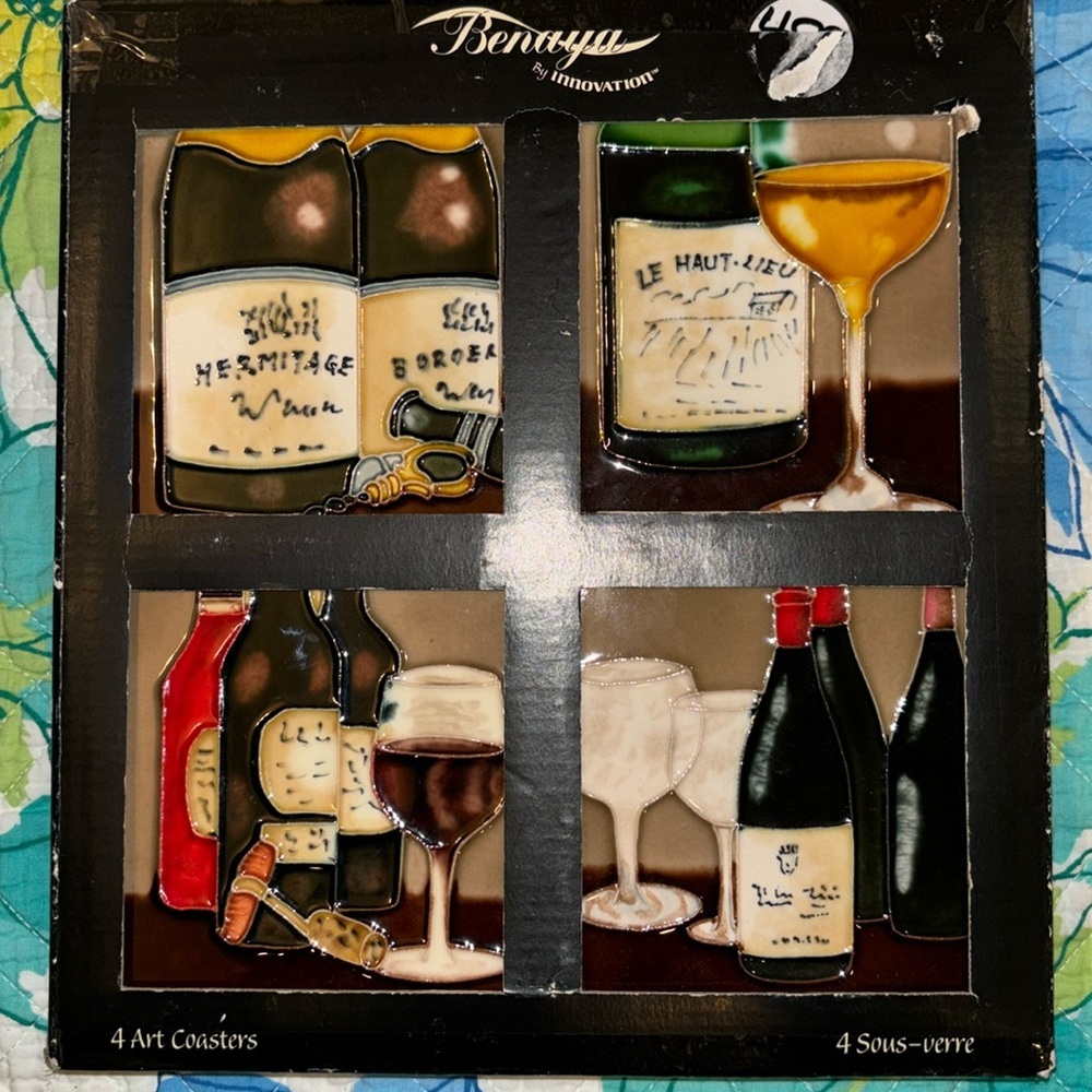 Vintage Coasters set of 4 tiles, ceramic glazed wine picture, cork base